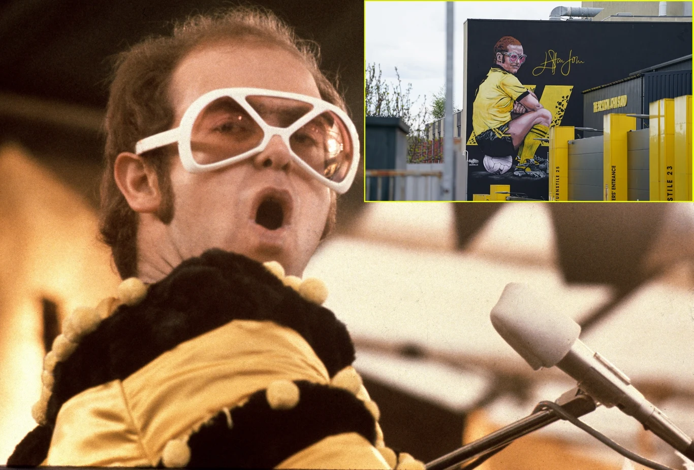 Elton John w 1974 roku zagrał na Vicarage Road koncert w przebraniu... szerszenia. Jego pasja do Watford FC nigdy nie wygasła, a dziś jego imieniem nazwana jest jedna z trybun stadionu podlondyńskiej ekipy Mężczyzna w charakterystycznych białych okularach i stroju w żółto-czarnych kolorach z mikrofonem, dynamiczny wyraz twarzy sugeruje występ sceniczny; w rogu zdjęcia widoczna grafika osoby w stroju sportowym na tle żółto-czarnych elementów.