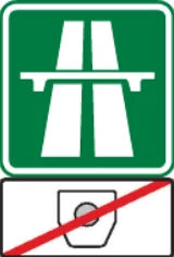 Znak drogowy autostrady na zielonym tle z dodatkową tabliczką oznaczającą zakaz używania CB radia, przekreśloną czerwoną linią.