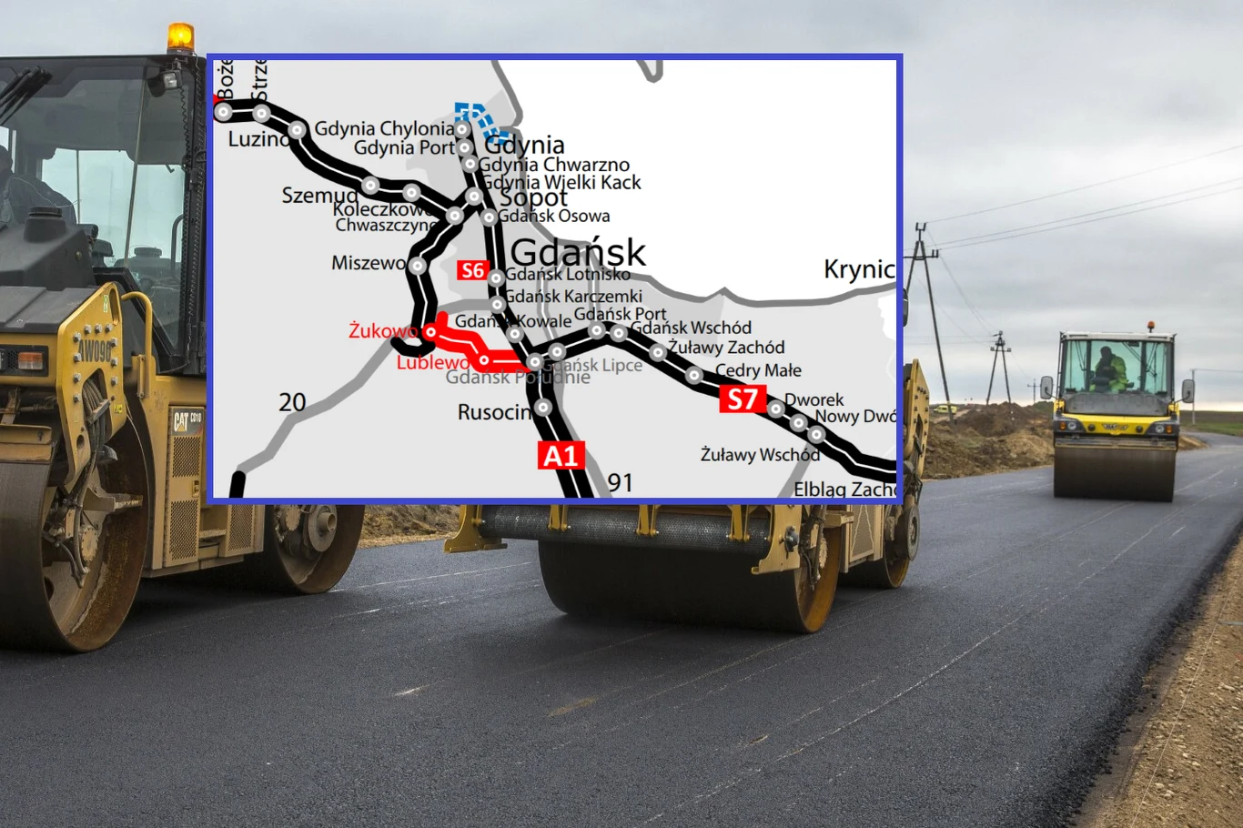 Ministerstwo Infrastruktury podpisało Program Inwestycji na przebudowę Obwodnicy Trójmiasta. Maszyny drogowe układające nową warstwę asfaltu na świeżo budowanej drodze, w centralnej części znajduje się wstawka z mapą przedstawiającą przebieg tras drogowych w okolicach Gdańska.