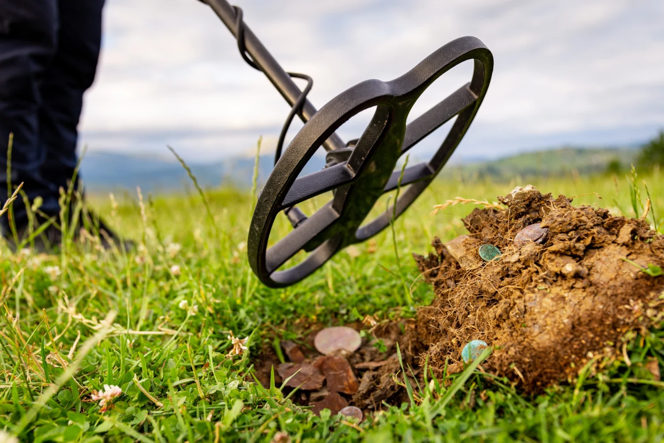 Coraz więcej osób sięga po wykrywacze metalu i rusza w teren, licząc na odnalezienie ukrytych pod ziemią skarbów (zdj. ilustracyjne) Detektor metalu wykrywający monety zakopane w ziemi na zielonej łące, w tle rozpościera się krajobraz z górami i niebem pokrytym chmurami.