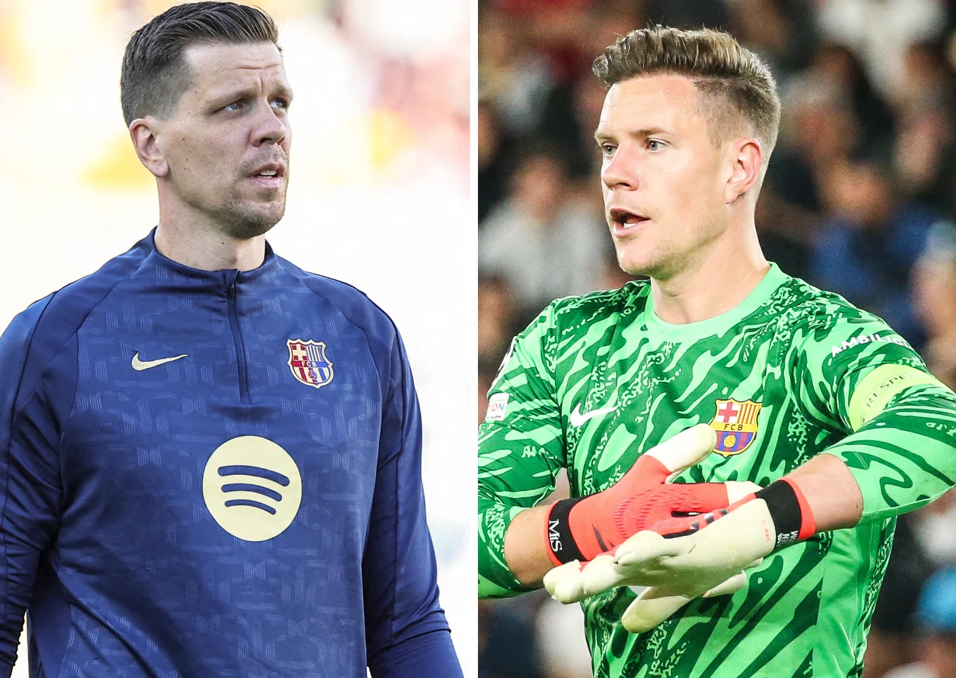 Wojciech Szczęsny i Marc-Andre ter Stegen Dwóch mężczyzn w sportowych strojach piłkarskich, po lewej ubrany w granatową bluzę treningową z logiem FC Barcelony oraz Spotify, po prawej mężczyzna w zielonym stroju bramkarskim tej samej drużyny, trzymający rękawice bramkarskie.