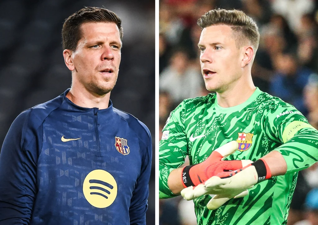 Wojciech Szczęsny i Marc-Andre ter Stegen Dwóch piłkarzy ubranych w stroje sportowe, po lewej stronie zawodnik w granatowej bluzie z charakterystycznym żółtym logo, po prawej bramkarz w zielonym trykocie z rękawicami i logo klubu na piersi, obaj w skupieniu patrzą przed siebie.