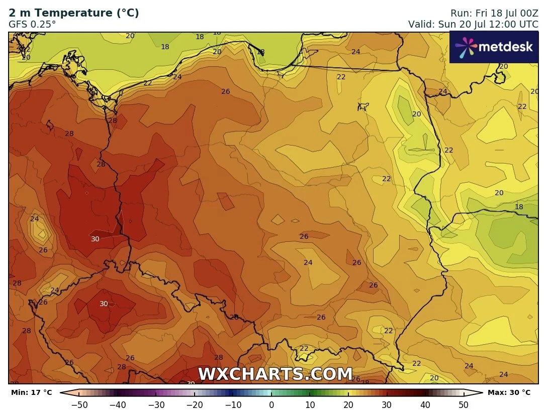 W drugiej połowie weekendu na zachodzie i południowym zachodzie lokalnie może panować upał Mapa prognozy temperatury powietrza dla Polski z podziałem na regiony, ilustrująca wysokie wartości temperatury, zwłaszcza na zachodzie kraju, gdzie lokalnie przekraczają 30°C, podczas gdy północno-wschodnia część kraju pozostaje chłodniejsza, z temper...