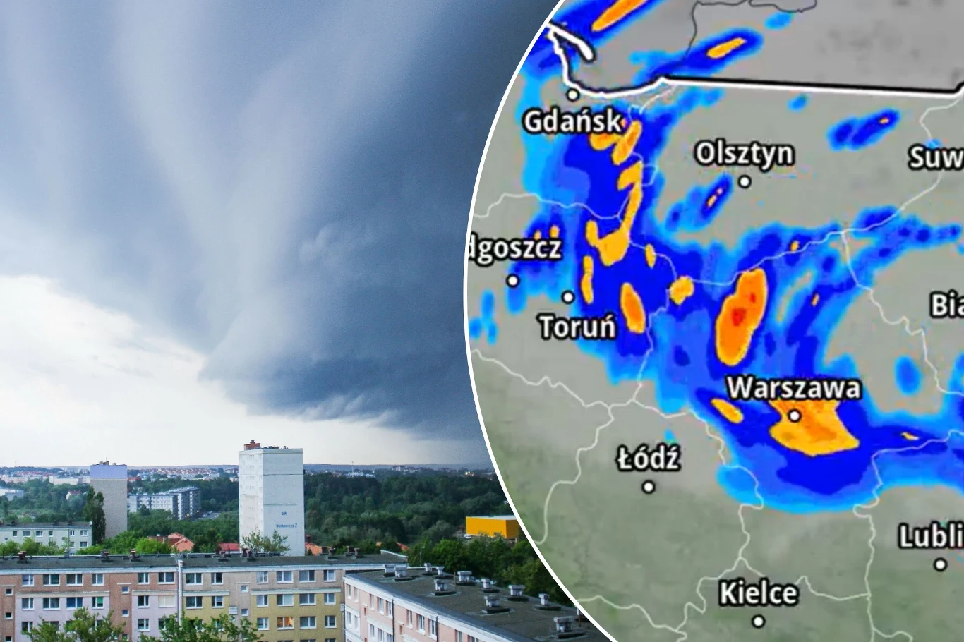 Pogoda w weekend będzie pełna burz i ulew, choć nie zabraknie też upałów. Na wyraźnie ocieplenie trzeba poczekać do niedzieli Burzowe chmury nad miastem oraz fragment prognozy pogody pokazującej intensywne opady deszczu i burze w centralnej części Polski, szczególnie w rejonie Warszawy.