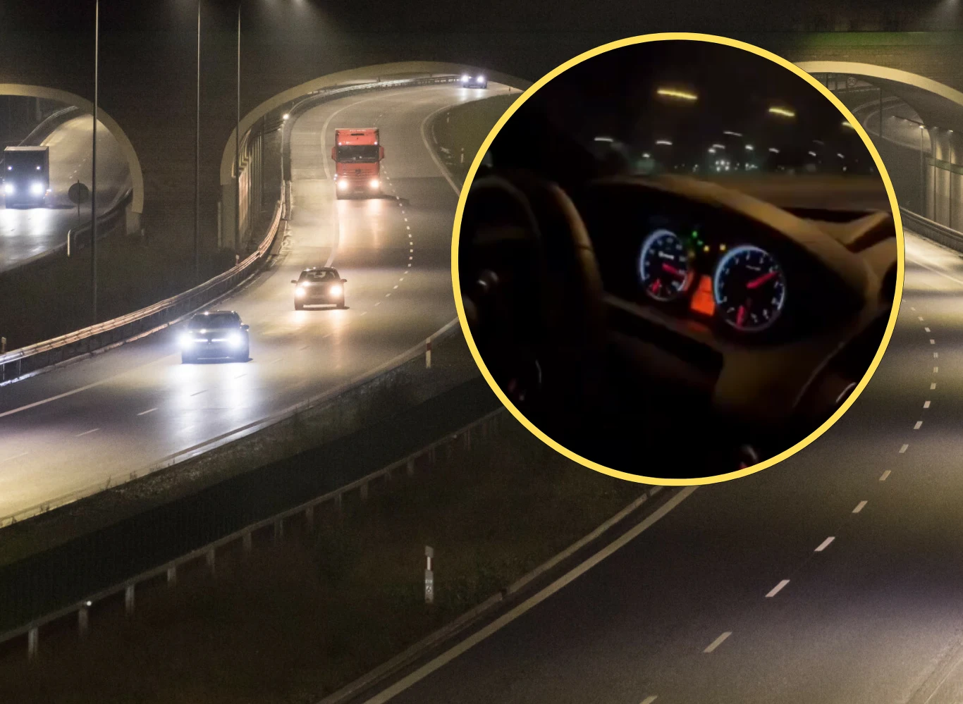 W pewnym momencie na prędkościomierzu było 390 km/h. Pomimo to kierowca BMW nie usłyszy prokuratorskich zarzutów Nocna autostrada z kilkoma jadącymi pojazdami, w prawym górnym rogu szczegółowy widok kokpitu samochodu z podświetlonymi zegarami i wskazówkami prędkościomierza oraz obrotomierza.