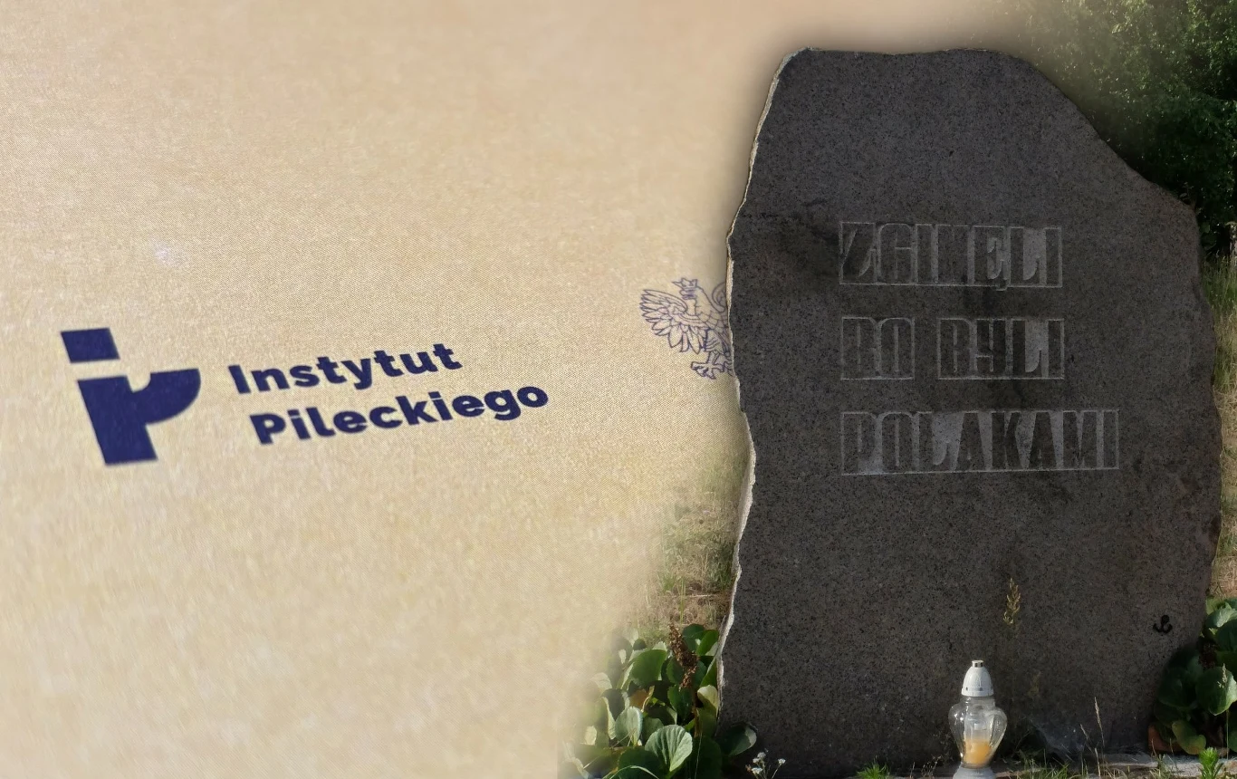 Kamień pamiątkowy w Gibach, miejscu pamięci poświęconemu ofiarom Obławy Augustowskiej Czarny, masywny pomnik w Gibach z wyrytym napisem „Zginęli bo byli Polakami”, z lewej strony logo Instytutu Pileckiego na jasnym tle.