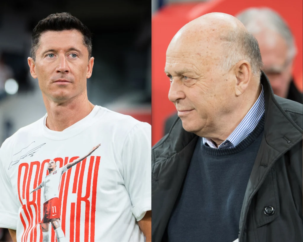 Po lewej stronie młody mężczyzna w białej koszulce z kolorowym nadrukiem postaci sportowej, po prawej starszy mężczyzna w ciemnej marynarce oraz swetrze, patrzący lekko w bok, rozmyte tło stadionowe.