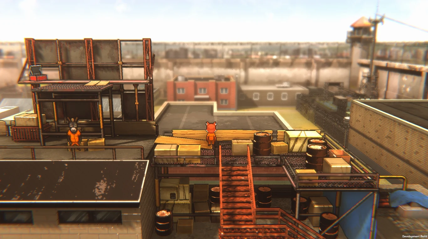 Back to the Dawn Scena przedstawia animowane postacie w kolorowych strojach przebywające na dachu przemysłowego budynku, otoczonego przez kontenery, beczki i konstrukcje metalowe, z rozmytym tłem miejskim i wieżą wartowniczą.