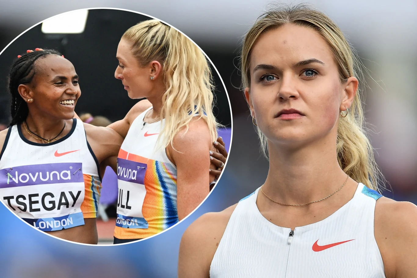 Weronika Lizakowska była o włos od pobicia rekordu Polski. A w Londynie brylowały: Gudaf Tsegay i Jessica Hull Portret kobiety-sportowca w focusie, w tle okrągłe zbliżenie na dwie biegaczki rozmawiające po zawodach, jedna z nich nosi koszulkę z napisem Tsegay, atmosfera przyjazna i sportowa.
