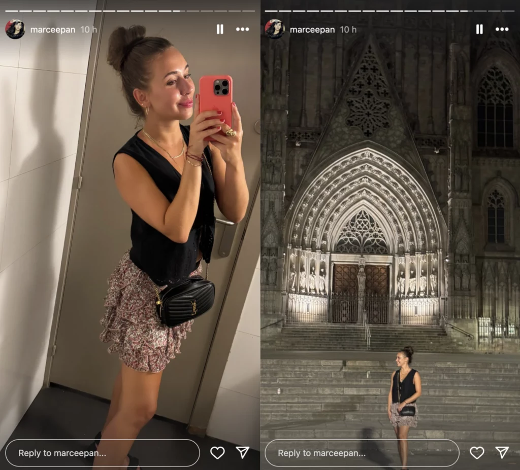 Kobieta w lekkiej letniej stylizacji pozuje we wnętrzu oraz na tle efektownie oświetlonej, monumentalnej fasady katedry nocą.