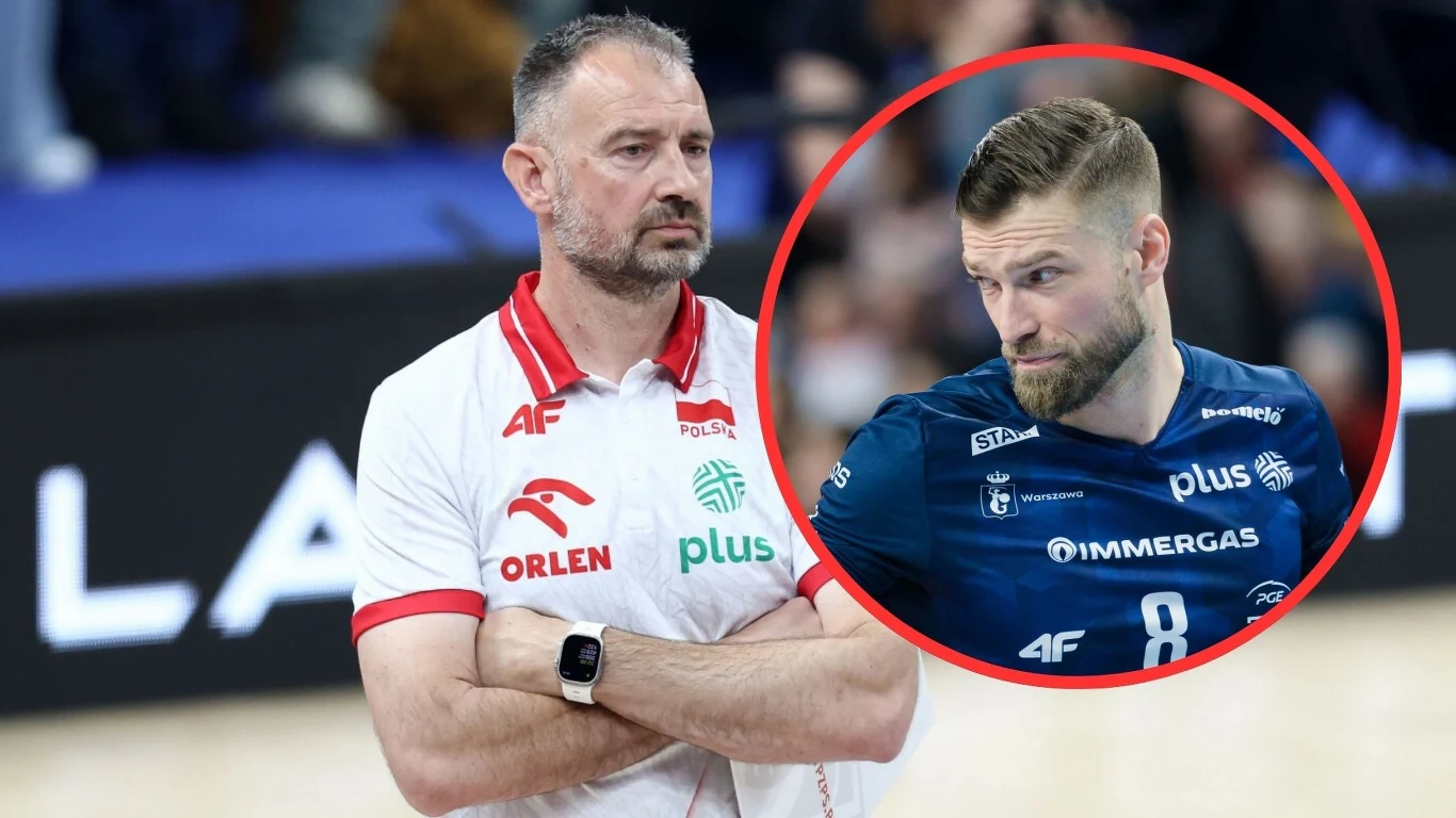 Nikola Grbić i Andrzej Wrona Trener siatkówki w białej koszulce z czerwonymi akcentami o poważnym wyrazie twarzy oraz zawodnik w granatowym stroju sportowym ukazany w okrągłym powiększeniu, obaj skupieni podczas wydarzenia sportowego.
