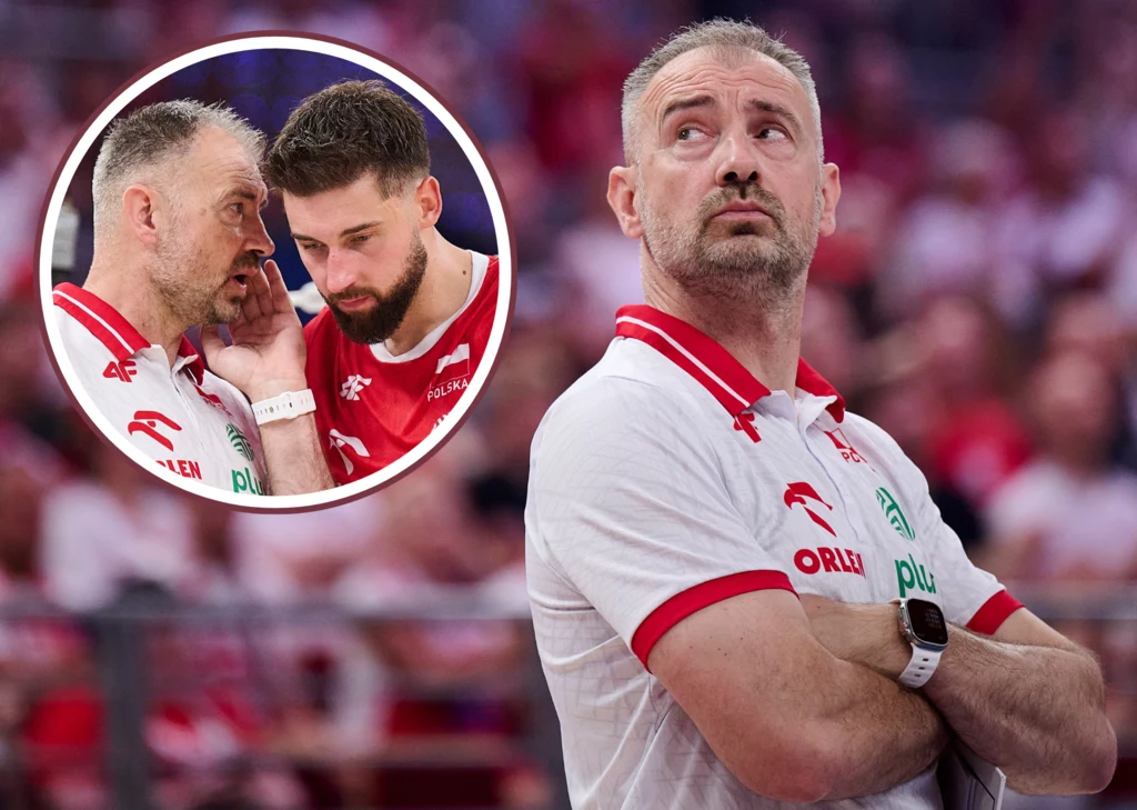 Reprezentacja Polski w siatkówce. Na zdjęciu przyjmujący Bartosz Bednorz i selekcjoner Nikola Grbić Trener w białej koszulce z czerwonym kołnierzem stoi z założonymi rękami i patrzy w bok, a w okrągłym kadrze widoczni są trener rozmawiający z zawodnikiem, obaj skupieni i ubrani w sportowe stroje reprezentacji Polski.