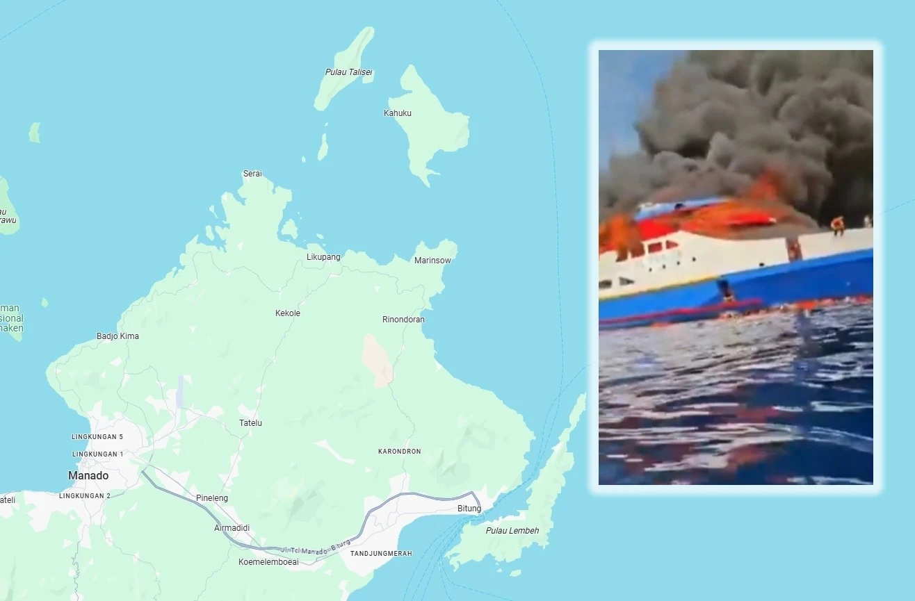 Pożar na promie w Indonezji Mapa północnej części wyspy Sulawesi z zaznaczonymi miejscowościami i fragmentem morza, nałożone zdjęcie przedstawia płonący statek na wodzie, z którego wydobywa się gęsty, czarny dym.