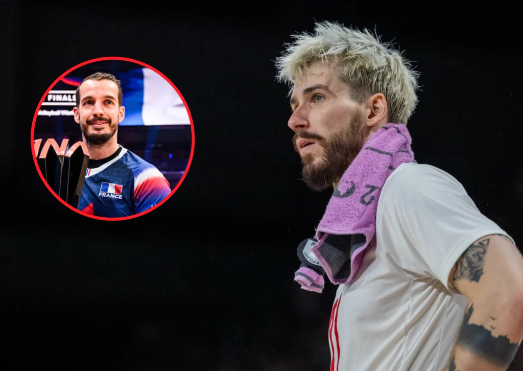 Liga Narodów siatkarzy. Benjamin Toniutti przed meczem Polska - Francja zachwala polską siatkówkę Sportowiec z jasnymi włosami i zarostem, na ramionach różowy ręcznik, skupiony wyraz twarzy. W lewym górnym rogu okrągłe zdjęcie innego sportowca w koszulce drużynowej, z uśmiechem i krótkimi ciemnymi włosami.