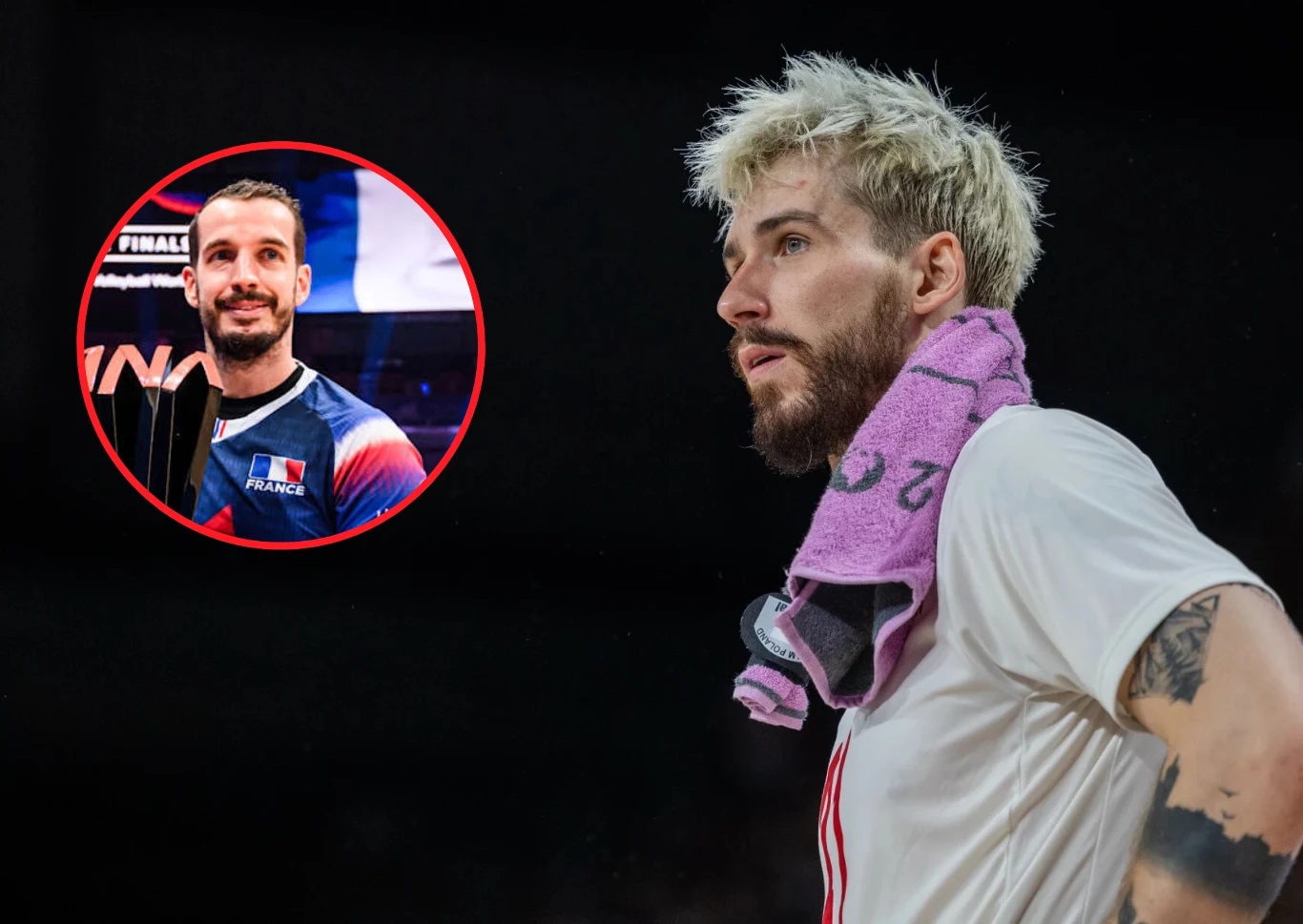 Liga Narodów siatkarzy. Benjamin Toniutti przed meczem Polska - Francja zachwala polską siatkówkę Sportowiec z jasnymi włosami i zarostem, na ramionach różowy ręcznik, skupiony wyraz twarzy. W lewym górnym rogu okrągłe zdjęcie innego sportowca w koszulce drużynowej, z uśmiechem i krótkimi ciemnymi włosami.