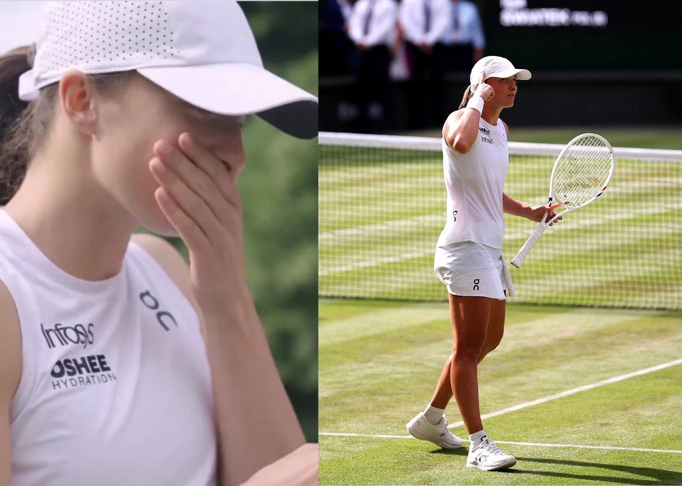 Tenisistka na korcie w sportowym stroju, w jednej części widoczna z bliska z dłonią zasłaniającą usta, w drugiej pełna sylwetka z rakietą tenisową, zielone tło kortu trawiastego.