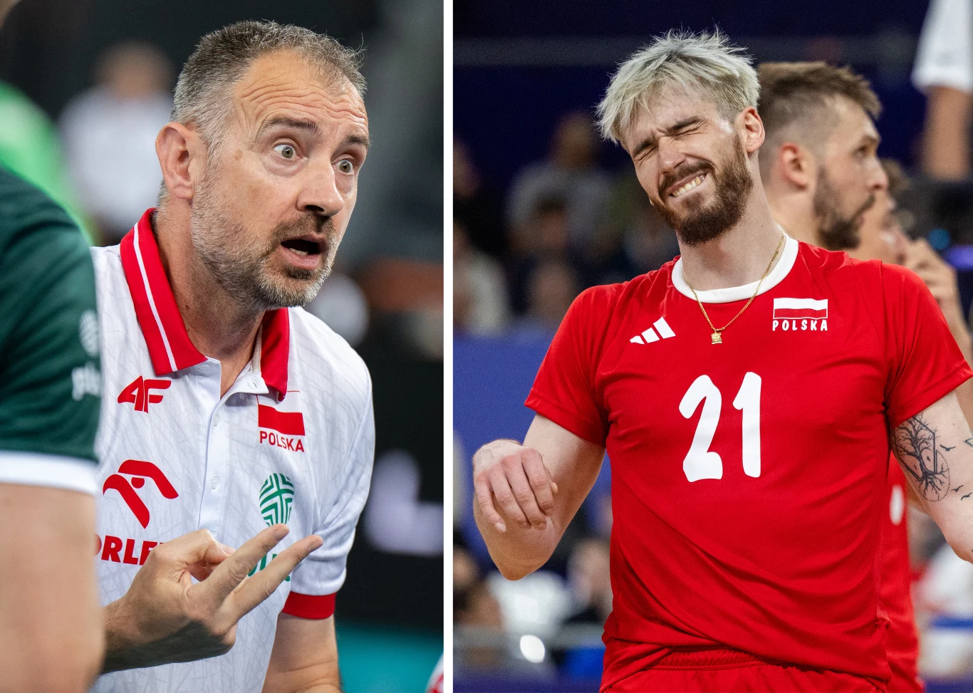 Trener drużyny siatkarskiej w białej koszulce energicznie gestykuluje i wydaje polecenia, obok siatkarz w czerwonym stroju z numerem 21 ma na twarzy grymas sugerujący sportowe emocje lub rozczarowanie.