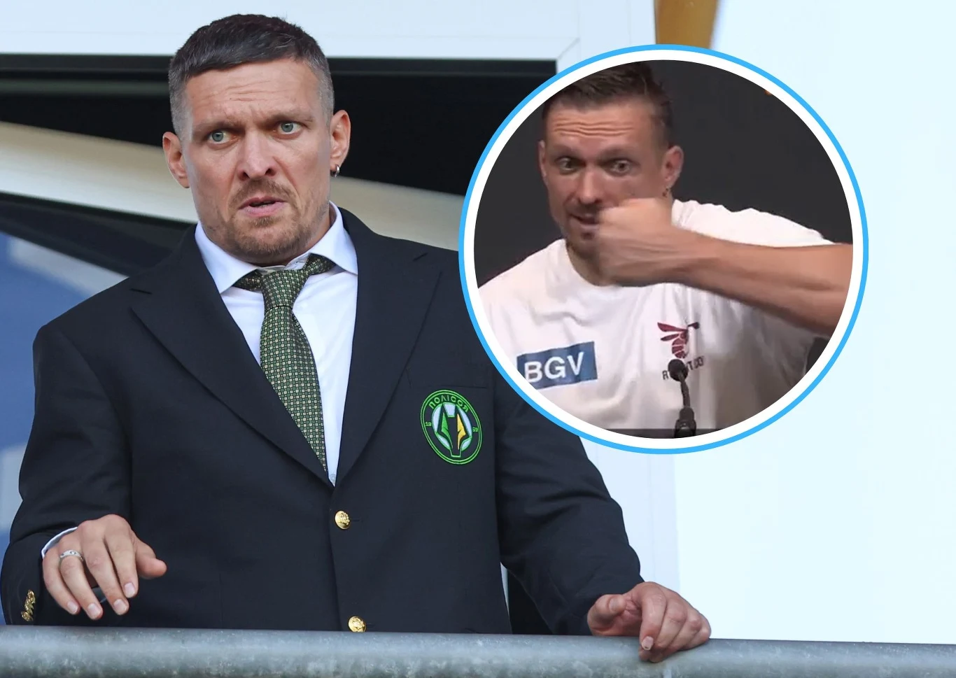 Ołeksandr Usyk jest geniuszem wagi ciężkiej - Przemysław Saleta nie ma żadnych wątpliwości Mężczyzna w garniturze i zielonym krawacie stoi na balkonie lub trybunie, patrząc poważnie przed siebie, w rogu okrągłe wstawione zdjęcie tego samego mężczyzny w białej koszulce wykonującego gest pięścią w kierunku ust.