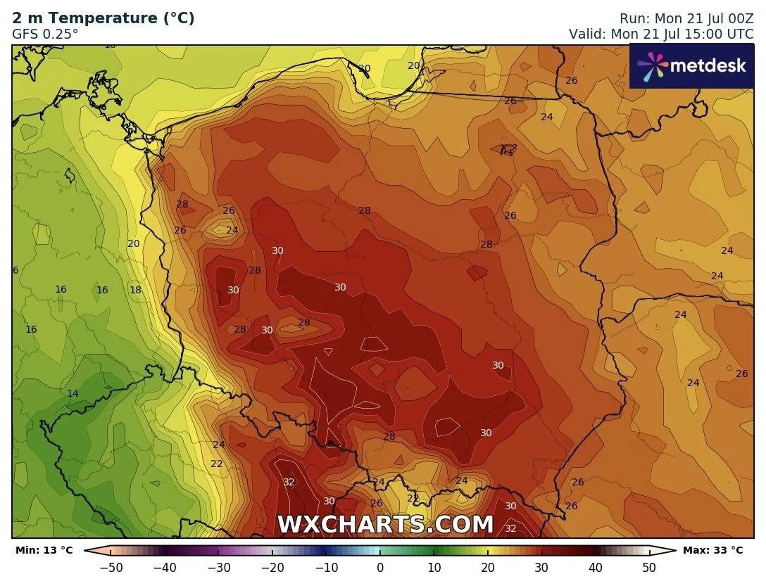 Kolorowa mapa temperatury powietrza w Polsce z wyraźnie zaznaczonymi strefami upałów w centralnej i zachodniej części kraju, zakres temperatur od 13°C do 33°C, oznaczenia granic państw i głównych wartości temperatury.