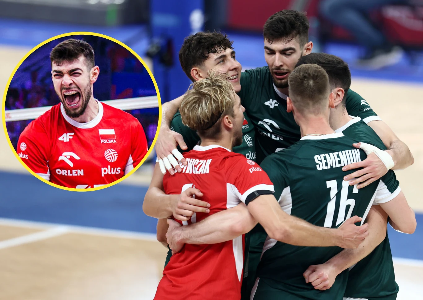 Kewin Sasak został numerem jeden w reprezentacyjnym ataku. W meczu Polska - Francja nie zawiódł Grupa siatkarzy w zielonych i czerwonym stroju świętuje na parkiecie po zdobytym punkcie, w tle okrągłe powiększenie z radosnym zawodnikiem wyrażającym silne emocje, widać nazwy sponsorów oraz fragment siatki.