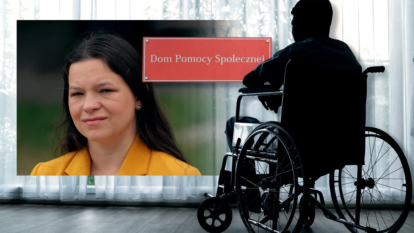 Ministerstwo zapowiada kontrole w każdym domu pomocy społecznej (Kolaż zdjęć: Aleksandra Włodarczyk/Interia.pl) Osoba na wózku inwalidzkim siedząca przy oknie, na pierwszym planie widoczna kobieta w żółtym płaszczu oraz tabliczka z napisem 'Dom Pomocy Społecznej'.
