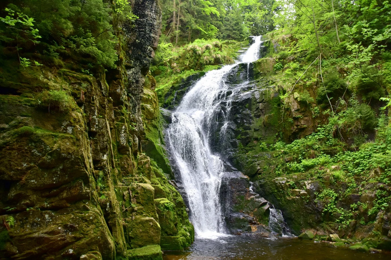 Wodospad Kamieńczyka zapiera dech w piersiach Wodospad spływający po skalistej ścianie otoczony gęstą, zieloną roślinnością leśną, strumień wody wpada do płytkiego, spokojnego zbiornika u podnóża skały