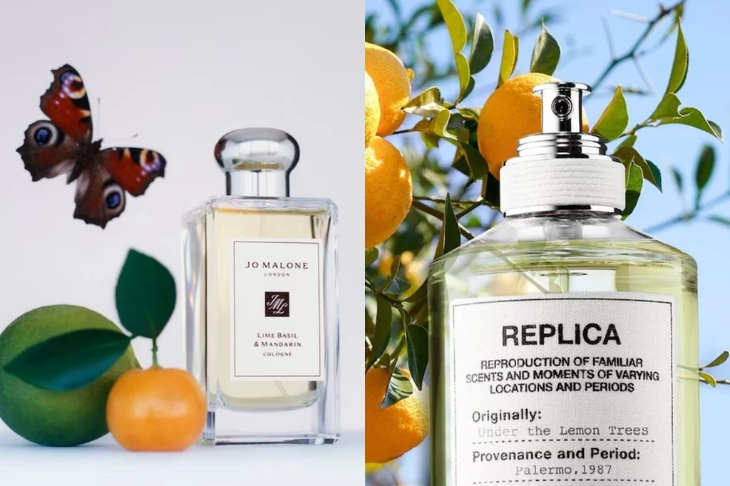 Butelki perfum z widocznymi etykietami marek Jo Malone oraz Replica ustawione obok mandarynek, liści i motyla, w otoczeniu gałęzi z owocami, co podkreśla świeżość i cytrusowy charakter kompozycji zapachowych.
