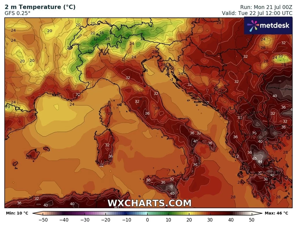 Kolorowa mapa Europy Południowej i Środkowej pokazująca rozkład temperatur powietrza na wysokości 2 metrów, z wyraźnie zaznaczonymi wysokimi temperaturami w rejonie Włoch, Bałkanów i południowej Francji; skala barw od chłodnych zieleni na północy po in...