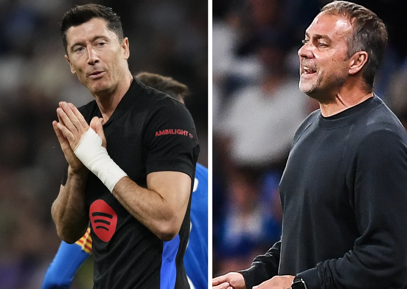 Po lewej stronie mężczyzna z owiniętą bandażem dłońmi w sportowym stroju z logotypem, wykonuje gest składania rąk. Po prawej drugi mężczyzna w ciemnym swetrze, uśmiechnięty, stoi bokiem.