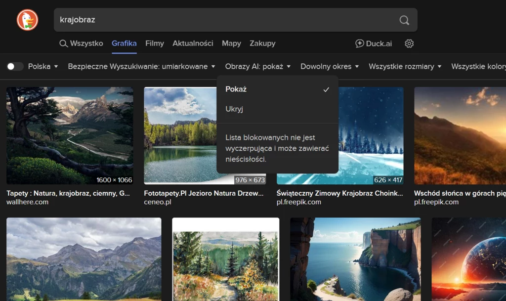 Masz dość obrazów z AI? DuckDuckGo pozwala je ukryć w wynikach Interfejs przeglądarki internetowej z wyświetlonymi wynikami wyszukiwania grafik dla hasła krajobraz, miniatury przedstawiają różne pejzaże, góry, jeziora i lasy, widoczna jest lista opcji filtrowania oraz pasek wyszukiwania.