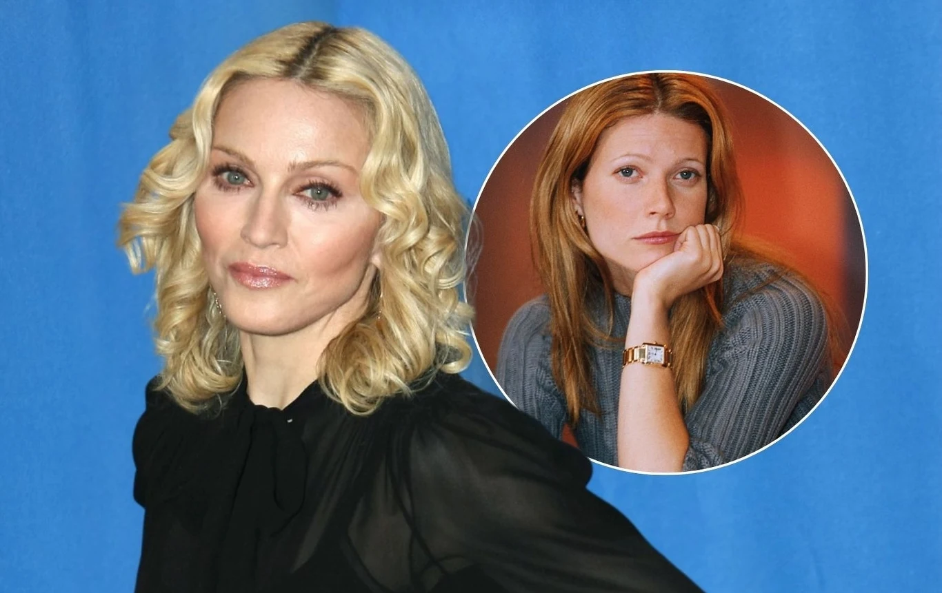 Madonna i Gwyneth Paltrow przyjaźniły się ponad 20 lat Dwie kobiety na niebieskim tle, jedna patrzy prosto w obiektyw z delikatnym uśmiechem, druga została umieszczona w okrągłej ramce obok, wspierając głowę na dłoni i ma zamyślony wyraz twarzy.