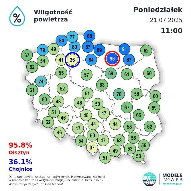 Mapa Polski z aktualnymi odczytami wilgotności powietrza w głównych miastach, przy czym najwyższą wartość wynoszącą 96% odnotowano w okolicach Olsztyna, a najniższą 36% w Chojnicach. Wszystkie wartości rozmieszczone są na tle konturów kraju, kolory kół...