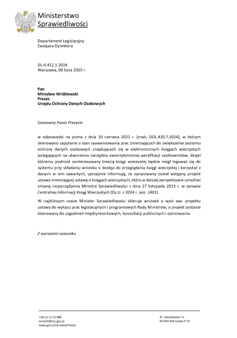 Odpowiedź ministerstwa sprawiedliwości na pismo prezesa UODO