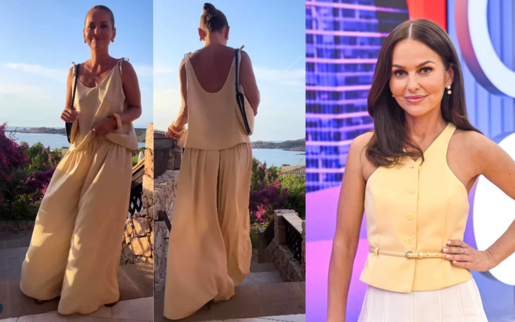 Paulina Sykut-Jeżyna w eleganckim komplecie z bardzo szerokimi, zwiewnymi spodniami
