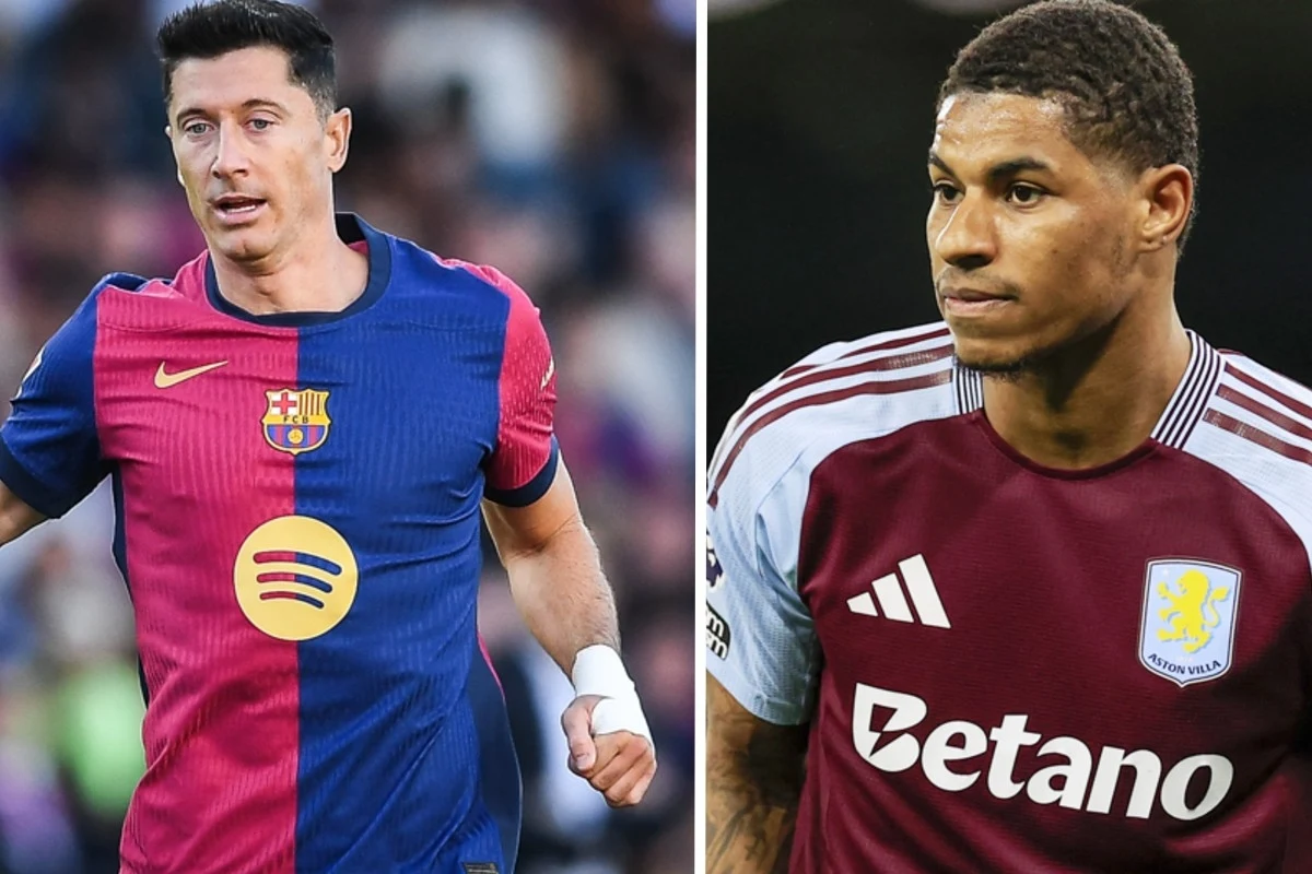 Marcus Rashford będzie nowym klubowym kolegą Roberta Lewandowskiego Dwóch piłkarzy ubranych w stroje klubowe, po lewej zawodnik w koszulce FC Barcelony z widocznym logo sponsora Spotify, po prawej gracz w koszulce Aston Villi z logo sponsora Betano, obaj skupieni na boisku.