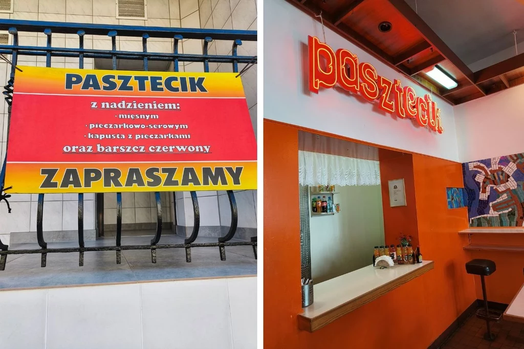 Tablica reklamowa z napisem promującym paszteciki o różnych nadzieniach oraz wnętrze baru z neonowym napisem pasztecik, lada i wysokie stołki przy barze.