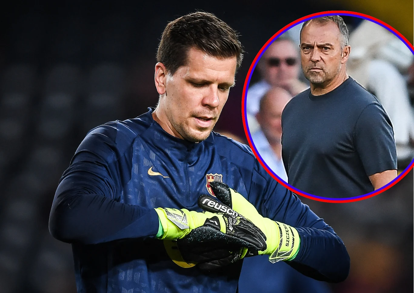 Piłkarz w stroju bramkarza przygotowuje się do gry, zakładając rękawice, w prawym górnym rogu widoczne zdjęcie mężczyzny w niebieskiej koszulce na tle rozmytego stadionu.