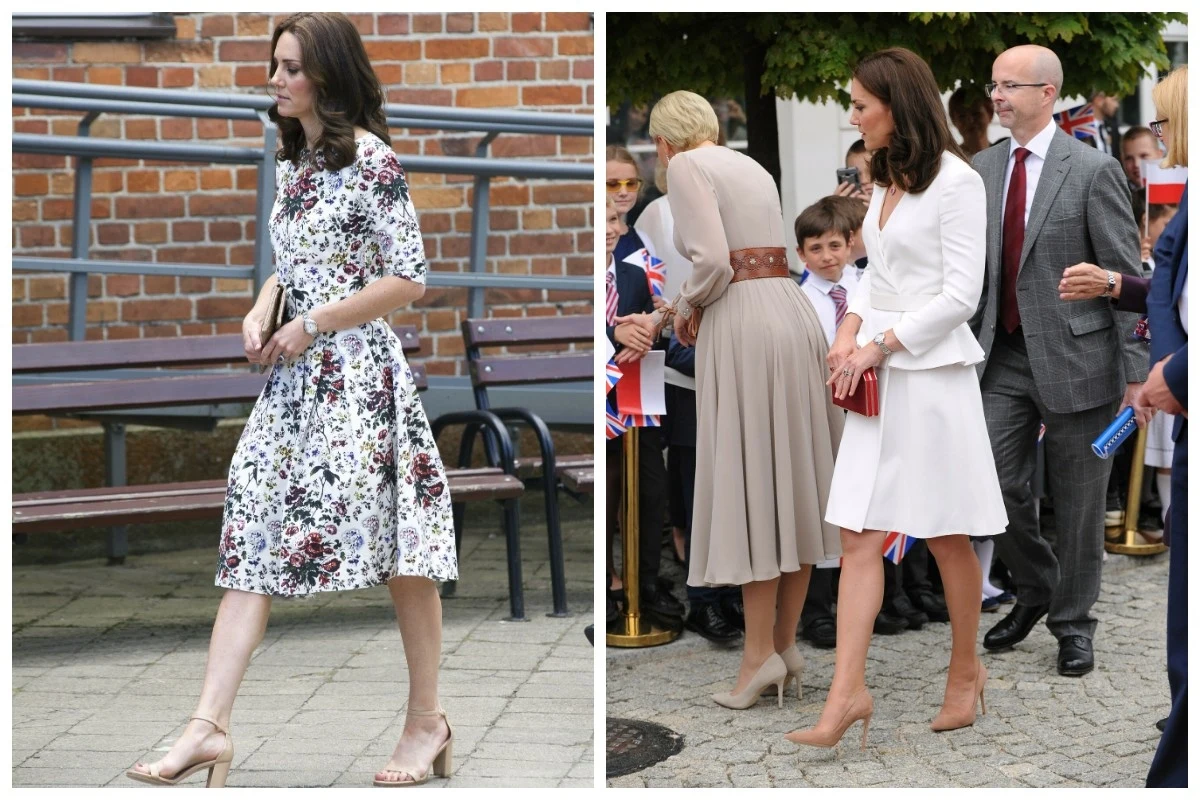 Dwie elegancko ubrane kobiety na tle miejskiej zabudowy, jedna z nich idzie chodnikiem przy ławce, druga wchodzi w grupę ludzi podczas wydarzenia plenerowego, widoczne eleganckie stroje i dodatki, poważny charakter spotkania.