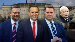 Kolaż: Aleksandra Włodarczyk. Zdjęcia źródłowe: Zbigniew Bogucki (fot.Beata Zawrzel/REPORTER), Karol Nawrocki (fot.Jacek Dominski/REPORTER), Przemysław Czarnek (fot. Wojciech Olkusnik/East News), Jarosław Kaczyński (fot. Tomasz Jastrzebowski/REPORTER)