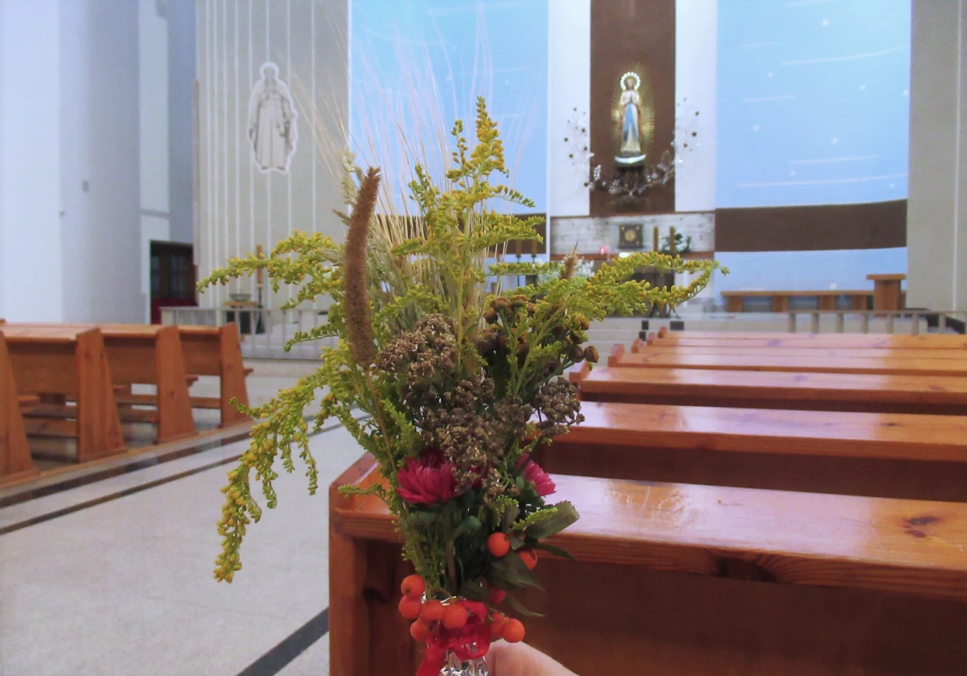 Kościół /zdj. ilustracyjne Bukiet polnych ziół i kwiatów trzymany w ręku na tle ław kościelnych oraz ołtarza z figurą Matki Bożej.