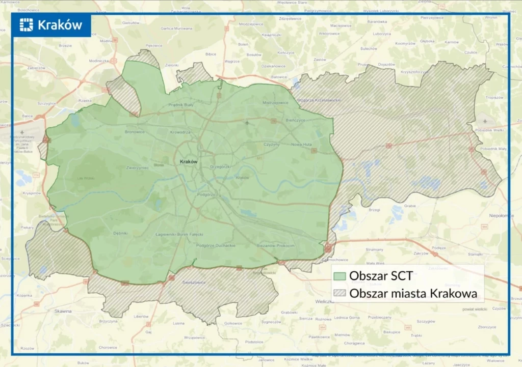 Mapa pokazująca granice obszaru SCT oraz oficjalny zasięg miasta Krakowa, z podziałem na wyraźnie oznaczone strefy i główne arterie komunikacyjne miasta.