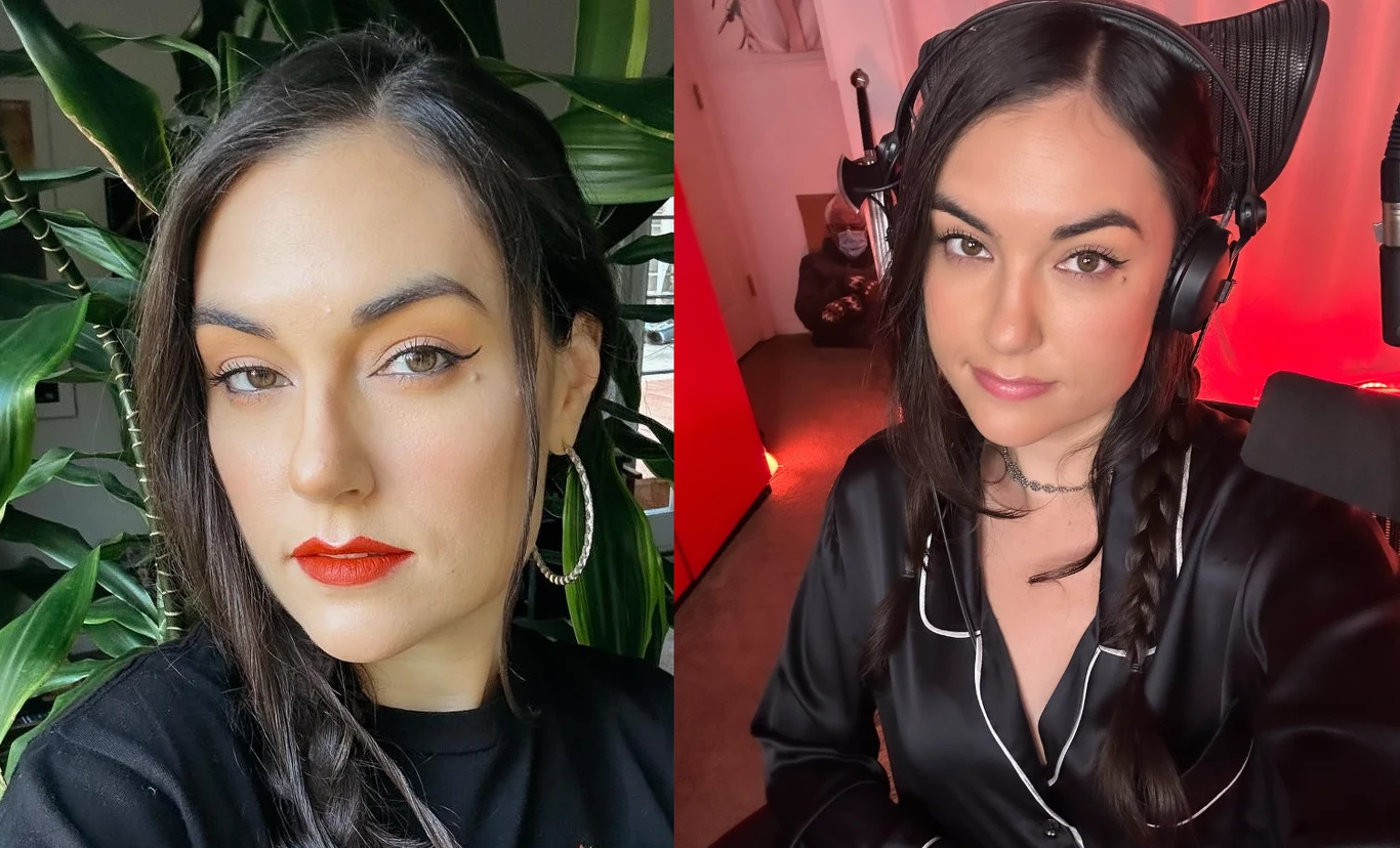 Sasha Grey / źródło: Facebook - SashaGrey Kobieta o ciemnych włosach widoczna na dwóch ujęciach, po lewej stronie na tle zielonych roślin, z wyrazistym makijażem i czerwonymi ustami, po prawej w słuchawkach, czarnym satynowym stroju, w pokoju z czerwonym oświetleniem.