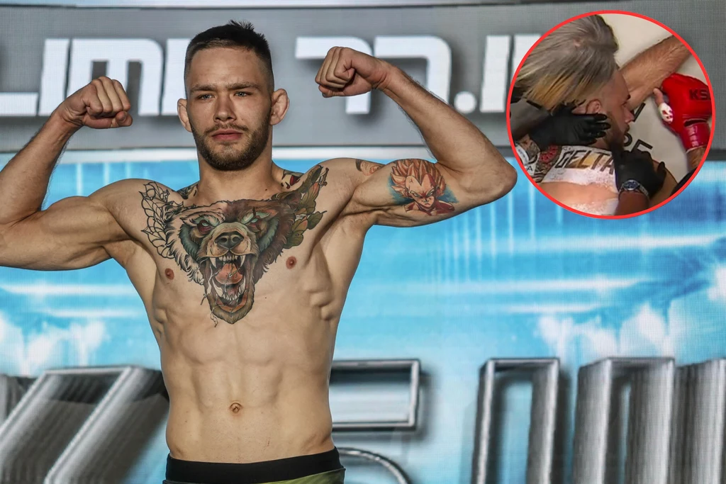 Adam Niedźwiedź trafił do szpitala po walce na gali KSW Zawodnik sportów walki prezentuje sylwetkę z rozbudowanymi mięśniami oraz tatuażem niedźwiedzia na klatce piersiowej, w prawym górnym rogu umieszczone dodatkowe, mniejsze zdjęcie ukazujące zawodnika podczas walki.