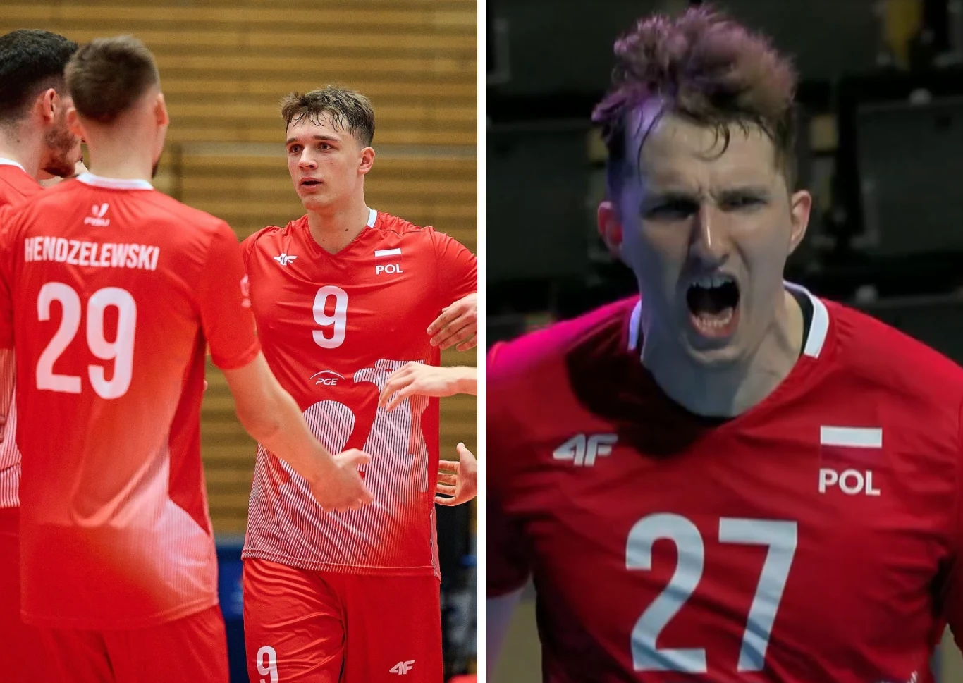 Polscy siatkarze w czerwonych koszulkach podczas meczu, z lewej strony grupa zawodników omawiających grę, po prawej wyrazisty okrzyk radości jednego z graczy z numerem 27.