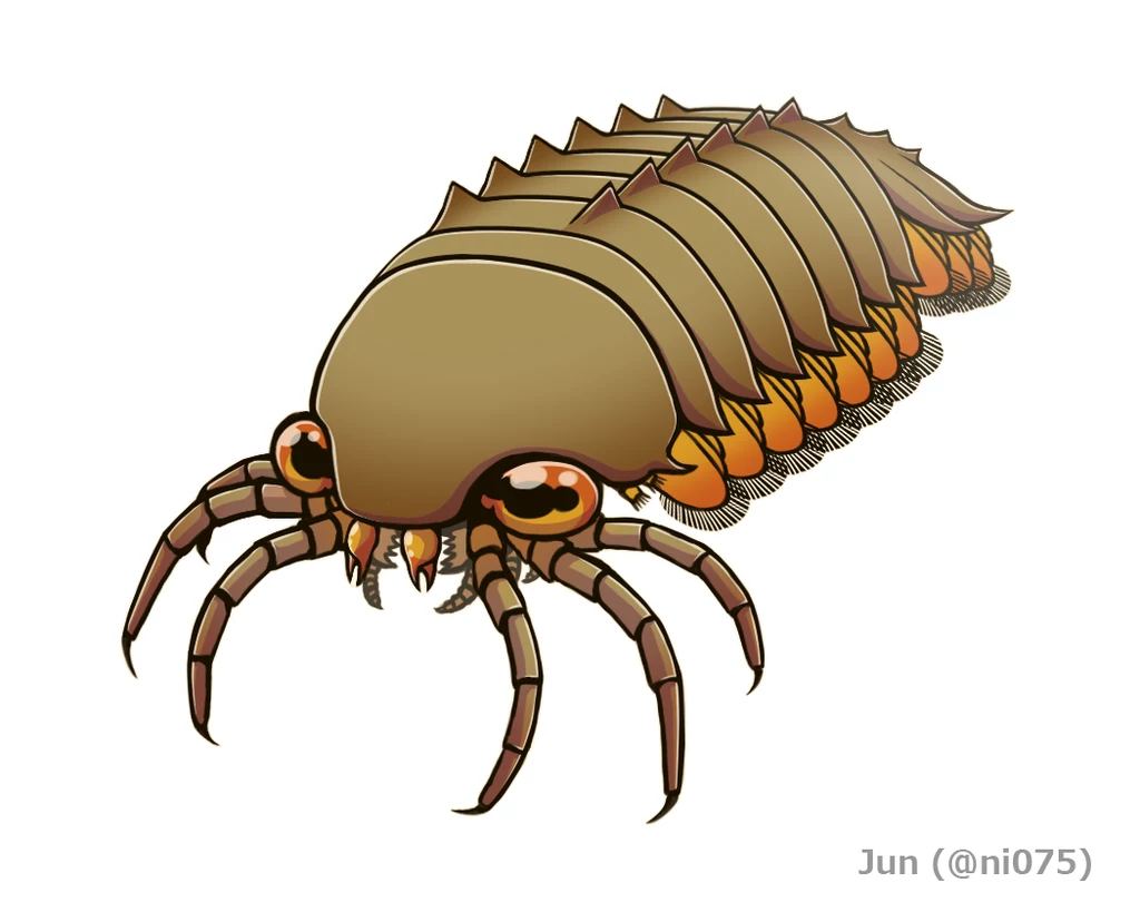 Stylizowana ilustracja dużego stawonoga z wyraźnym segmentowanym pancerzem, licznymi odnóżami i wydatnymi oczami, barwy brązowo-pomarańczowej, umieszczona na białym tle.