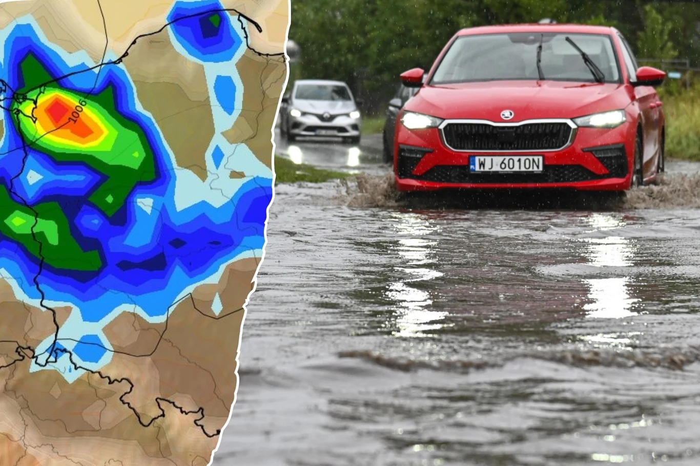 Lokalne zalania po wtorkowych ulewach w Szczecinie. W środę znowu mogą się pojawić burze i deszcze w tej części kraju Samochód osobowy jadący przez zalaną wodą ulicę podczas powodzi, po lewej stronie kadru pojawia się mapa meteorologiczna ukazująca obszary intensywnych opadów w Polsce.