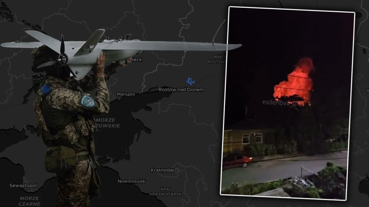 Ukraińcy trafili w rosyjskie centrum logistyczne Żołnierz w wojskowym mundurze przygotowuje drona do startu na tle mapy z zaznaczonym miastem Rostów nad Donem, obok widoczne zdjęcie nocą ukazujące intensywny pożar budynku.
