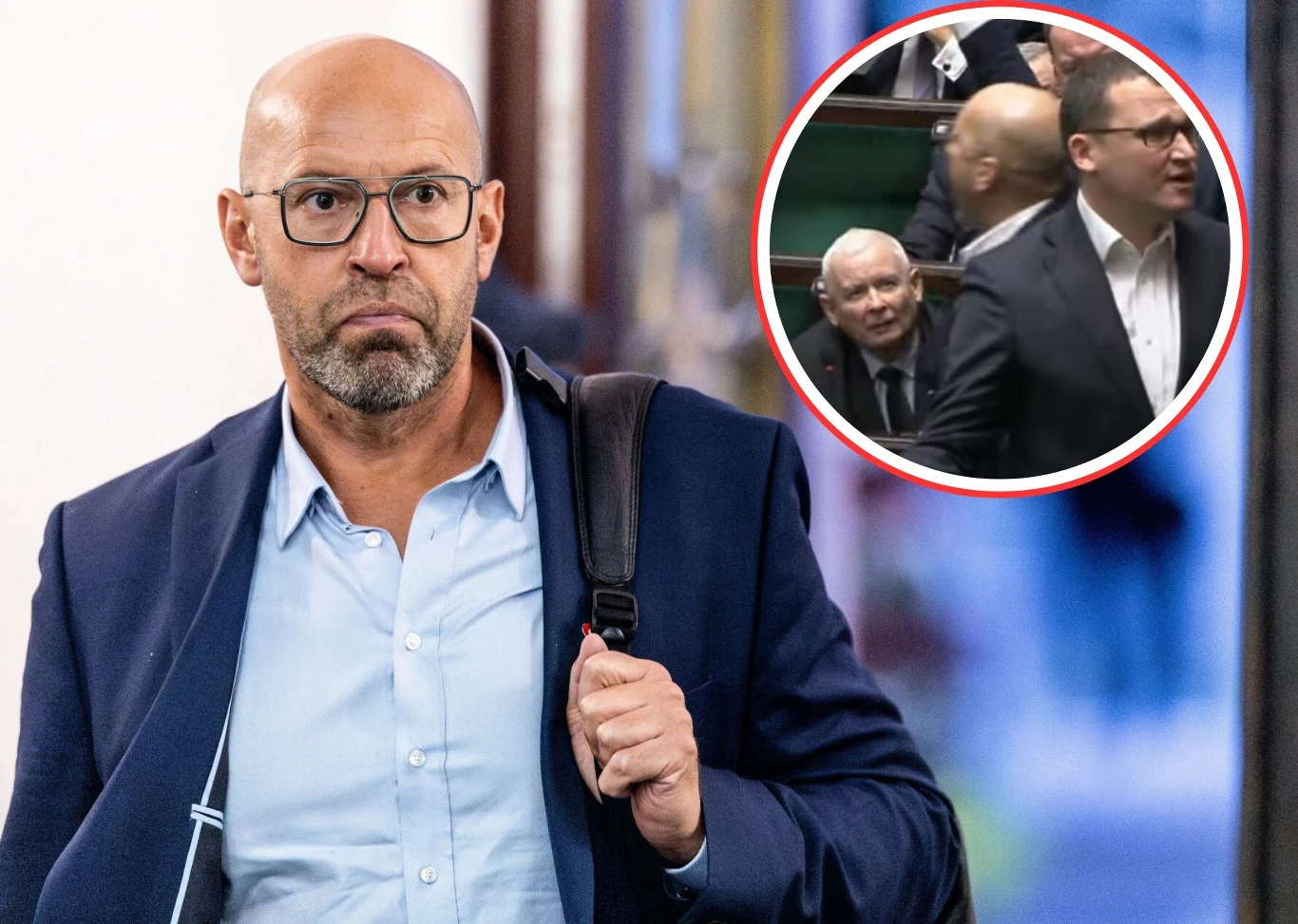 Jakub Rutnicki został nowym ministrem sportu Mężczyzna w okularach, ubrany w garnitur i koszulę, idzie korytarzem z torbą na ramieniu; w kółku widać fragment posiedzenia parlamentu z kilkoma politykami podczas dyskusji.