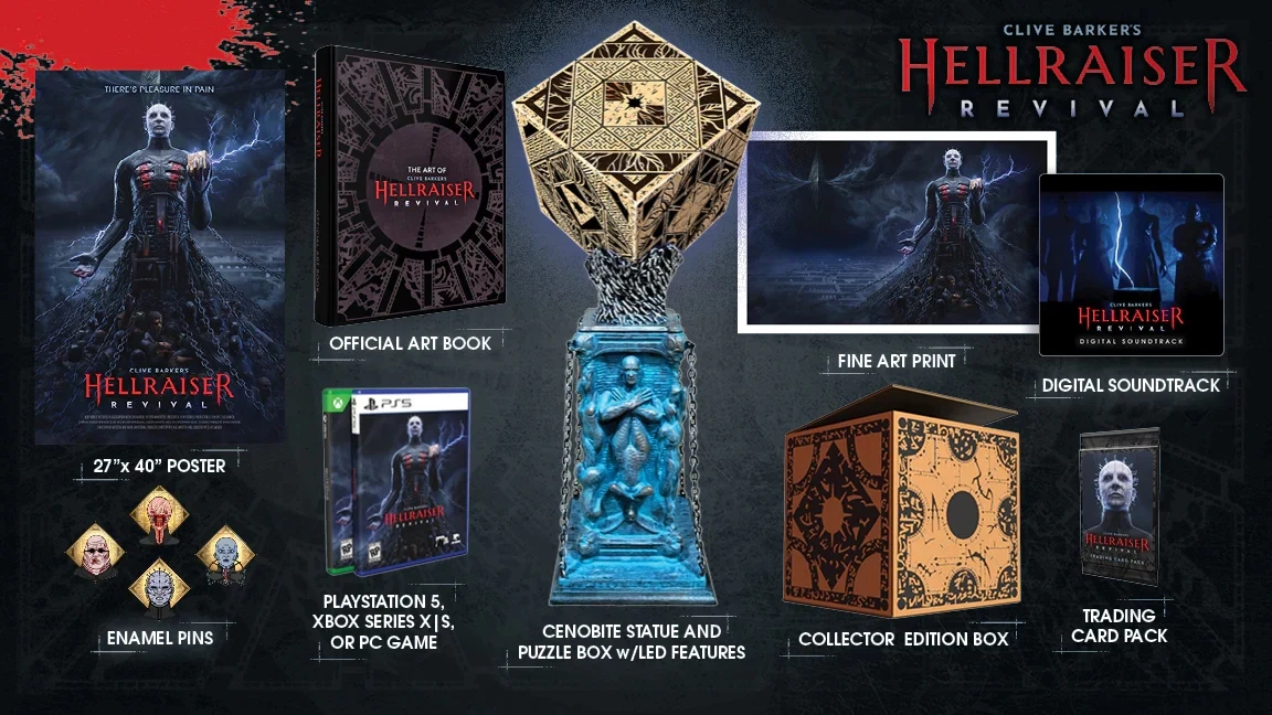 Zestaw kolekcjonerski gry Hellraiser Revival prezentujący figurkę cenobity, pudełko łamigłówkę z podświetleniem LED, oficjalny artbook, plakat, przypinki emaliowane, grę na konsole lub PC, karton kolekcjonerski, wydruk artystyczny, cyfrową ścieżkę dźwi...