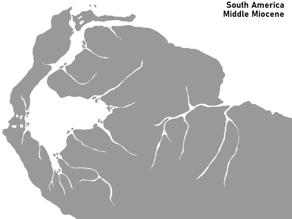 Kontury Ameryki Południowej z okresu środkowego miocenu z zaznaczonymi sieciami dawnych rzek oraz wybrzeżem, podpis w prawym górnym rogu informuje o miejscu i czasie geologicznym